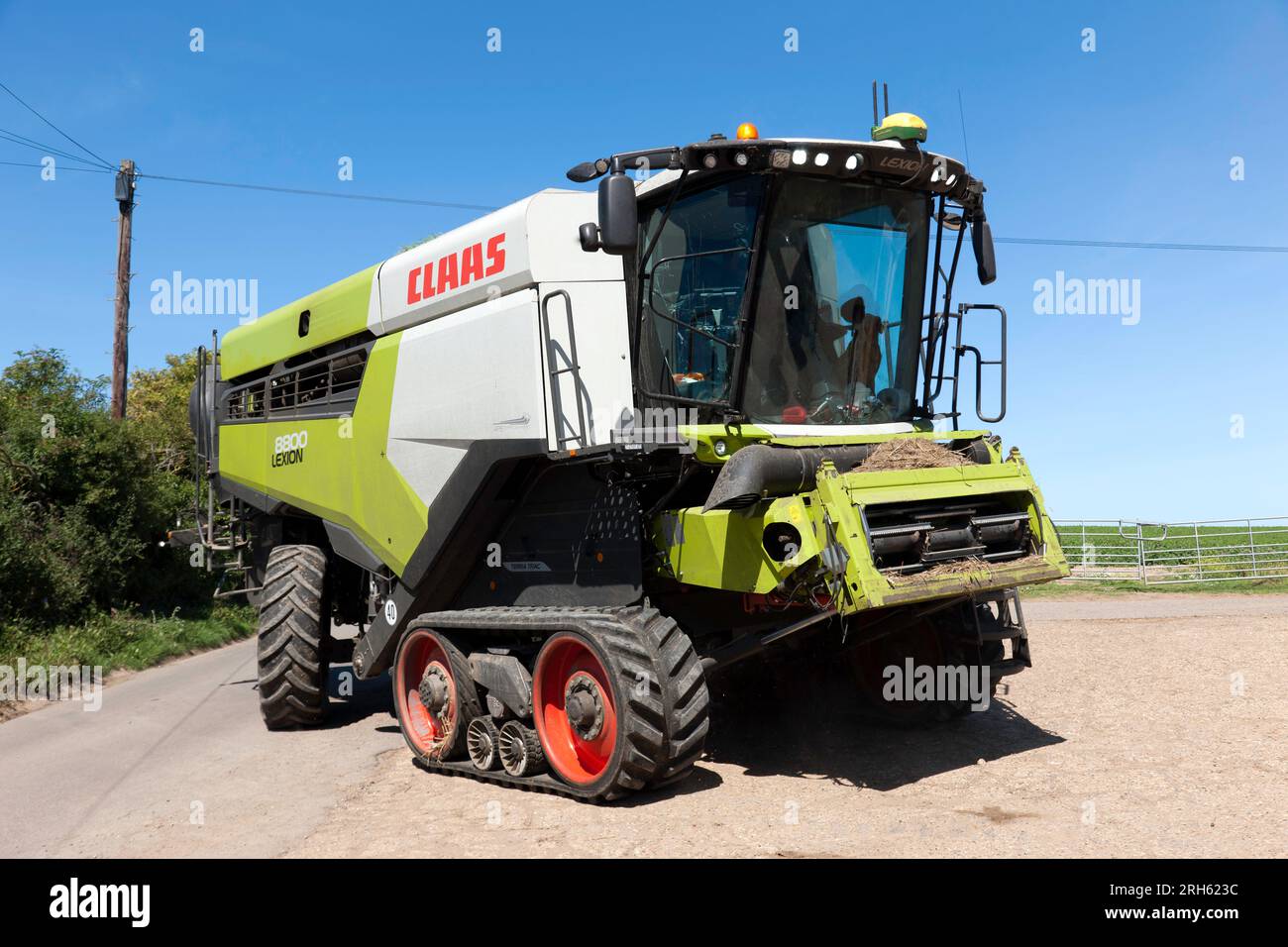Una mietitrebbiatrice Claas Lexion 880 è in fase di uscita per portare il frumento, durante una stretta finestra di bel tempo che fornisce un contenuto di umidità favorevole Foto Stock