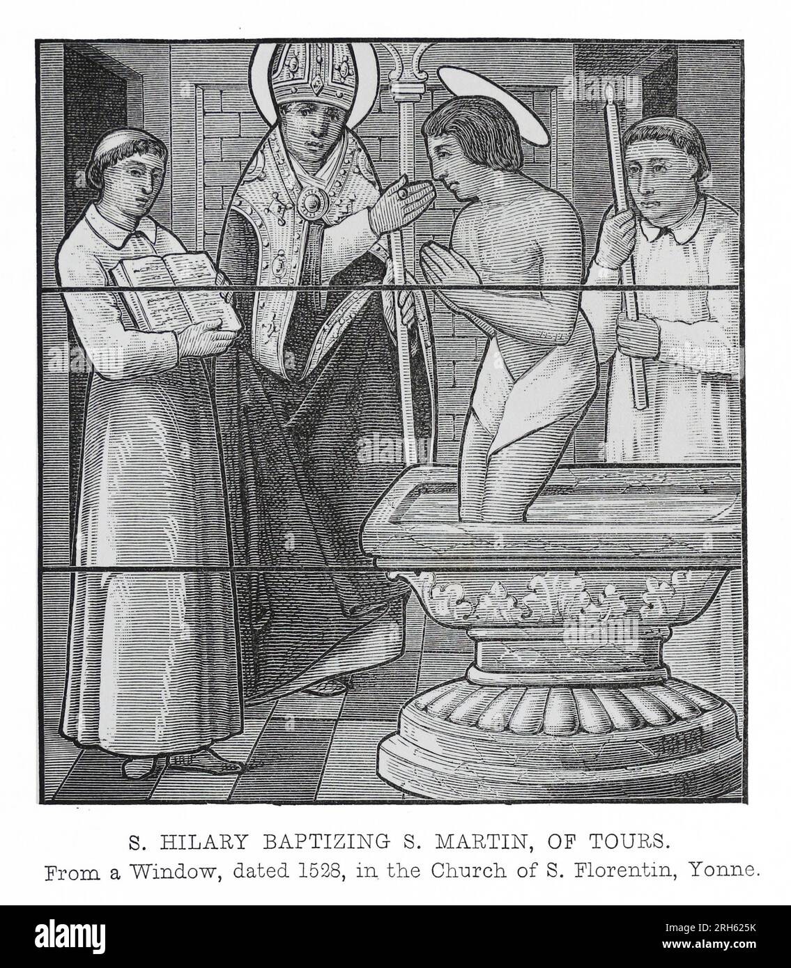 Sant'Ilario Battista San Martino di Tours, da una finestra datata 1528 nella chiesa di San Florentine, Yonne. Incisione da Lives of the Saints di Sabin Baring-Gould. Foto Stock