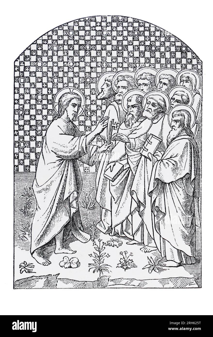 La commissione di Gesù a San Pietro; "nutri il mio gregge". Incisione da Lives of the Saints di Sabin Baring-Gould. Foto Stock