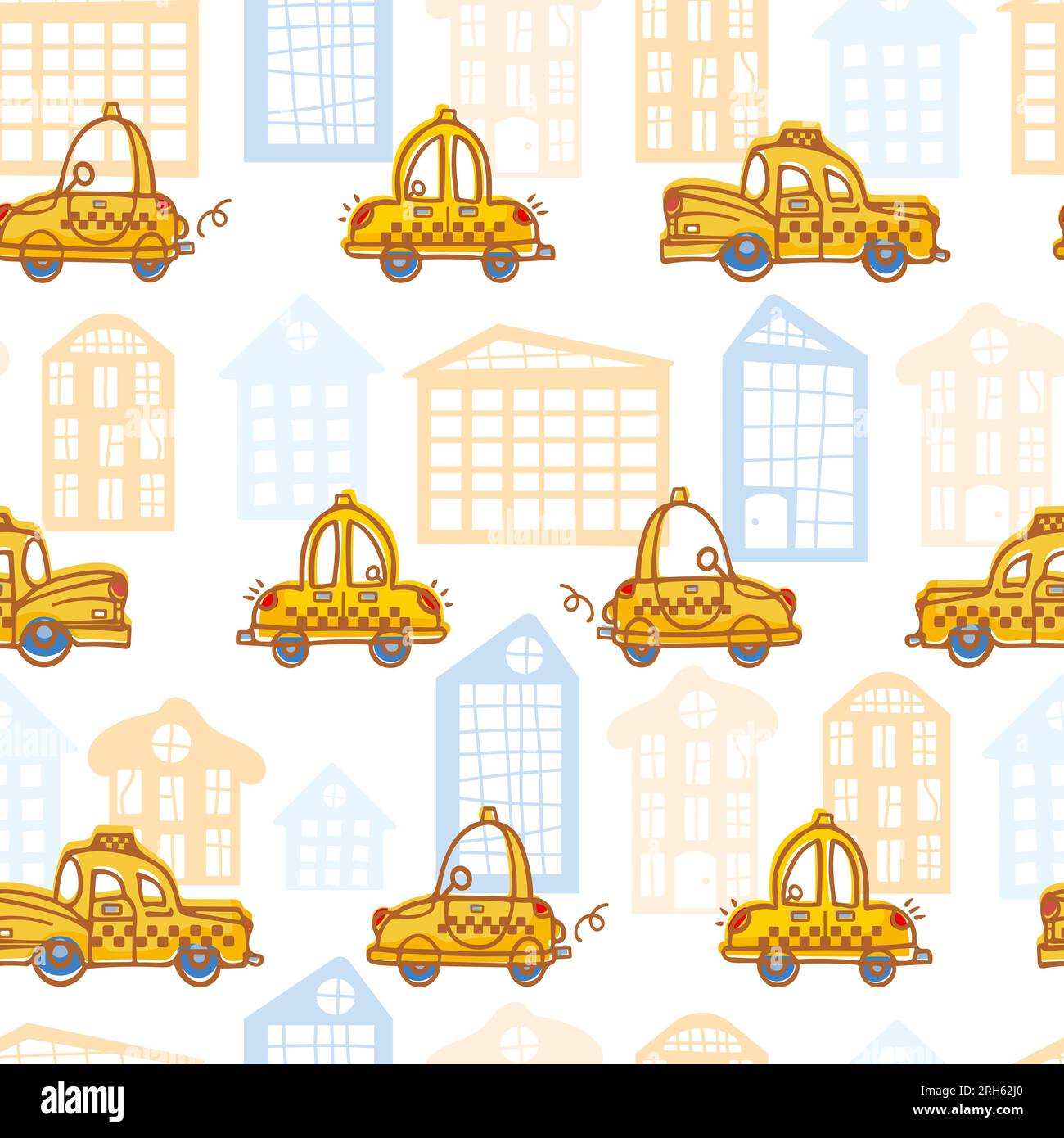 Divertente cartoni animati gialli corse in taxi d'epoca sulla strada in città tra le case. Cartone animato per bambini in stile scandinavo. Per i ragazzi, l'asilo, il wallpape Illustrazione Vettoriale