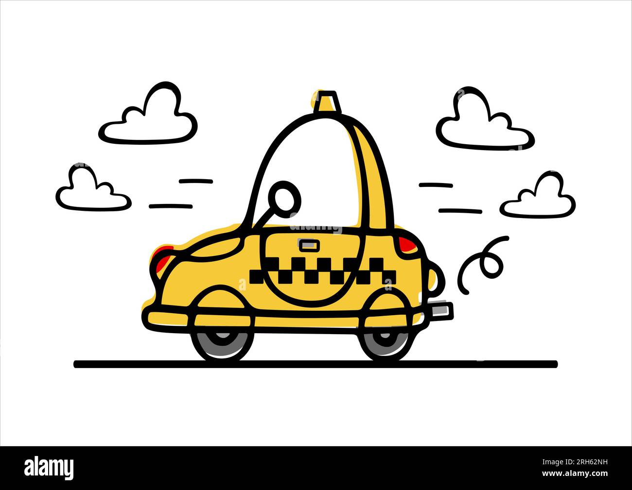 Un piccolo taxi giallo divertente corre lungo la strada. Illustrazione per bambini in stile doodle. Per adesivi, poster, cartoline, elementi di design. Illustrazione Vettoriale