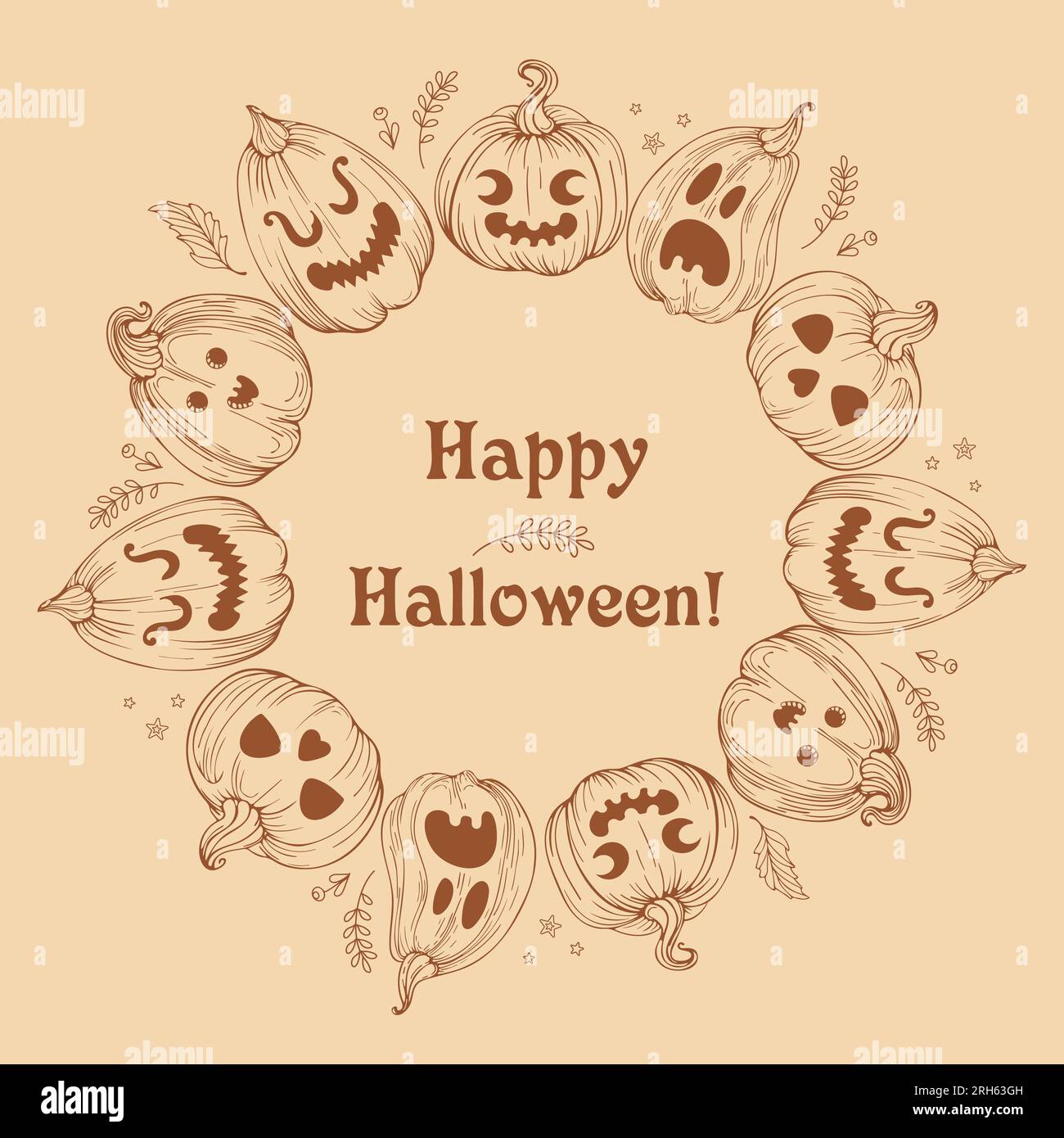 Cornice rotonda vintage Halloween di Jack o lanterna. Zucche disegnate a mano con facce spaventose e divertenti su sfondo beige. Toni terrosi. Per stic Illustrazione Vettoriale
