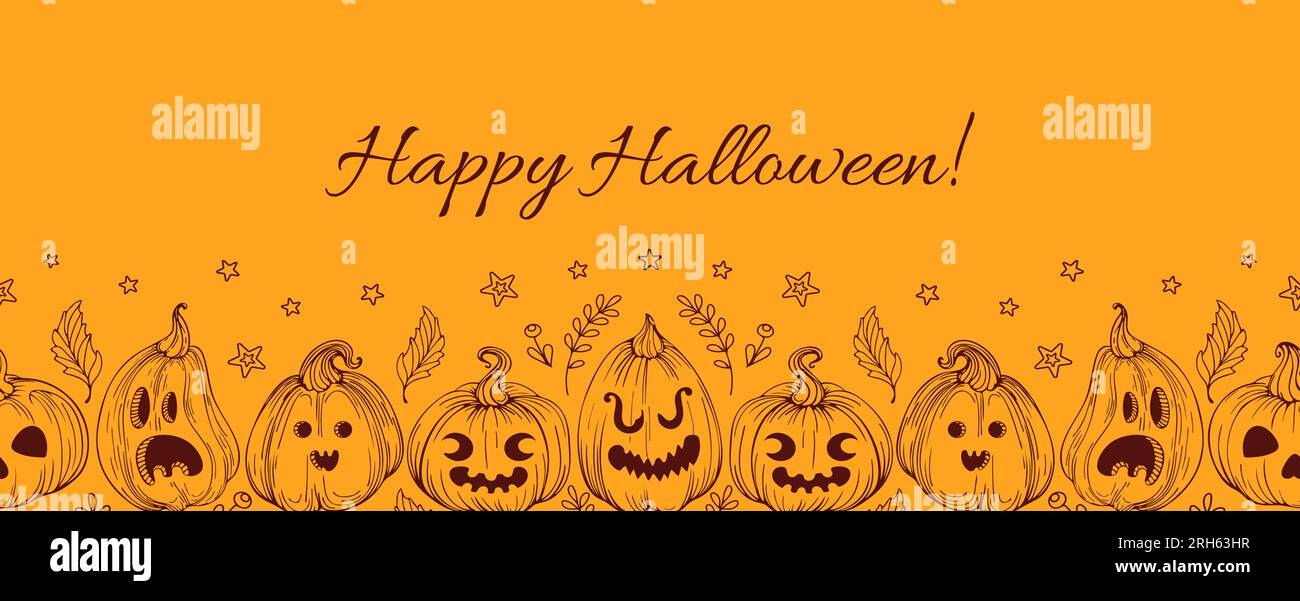 Vintage Halloween bordo senza cuciture della lanterna Jack o. Zucche disegnate a mano con facce spaventose e divertenti su sfondo arancione. Per il sito Web, pubblica Illustrazione Vettoriale