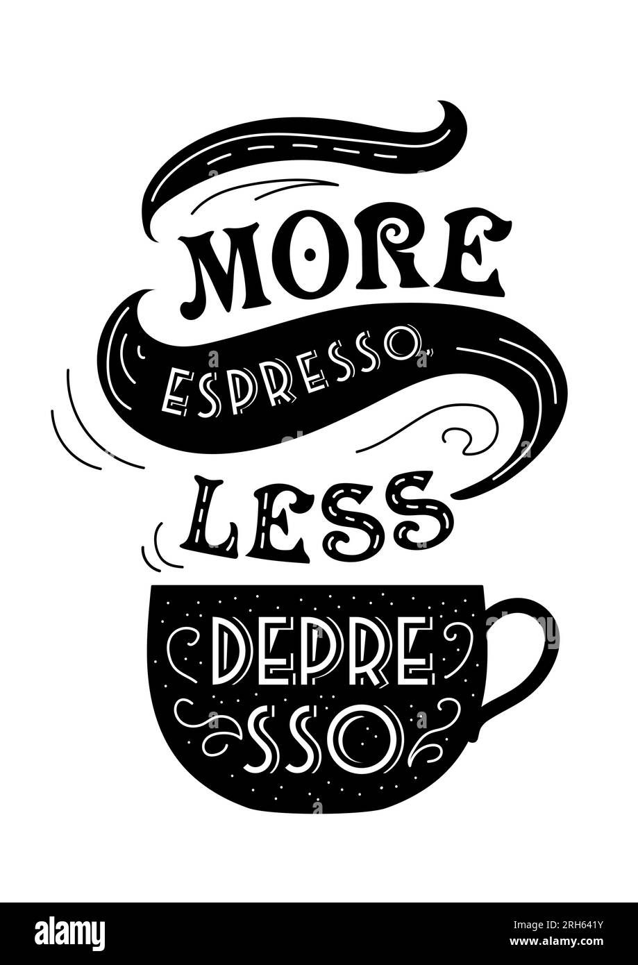 Giornata internazionale del caffè. Tazze silhouette con bevanda calda e nuvole di vapore. lettering vintage. L'espresso batte la depressione. Per caffè, negozi, menu, poster Illustrazione Vettoriale