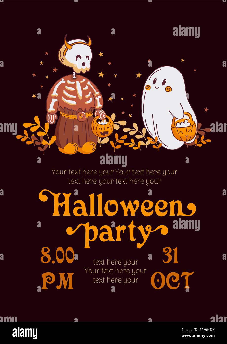 Buon Halloween. Invito alla festa, scheletro carino e piccolo fantasma in stile cartoni animati. Foglie d'autunno, stelle. Font vintage. Per modello, poster, schede, divieto Illustrazione Vettoriale