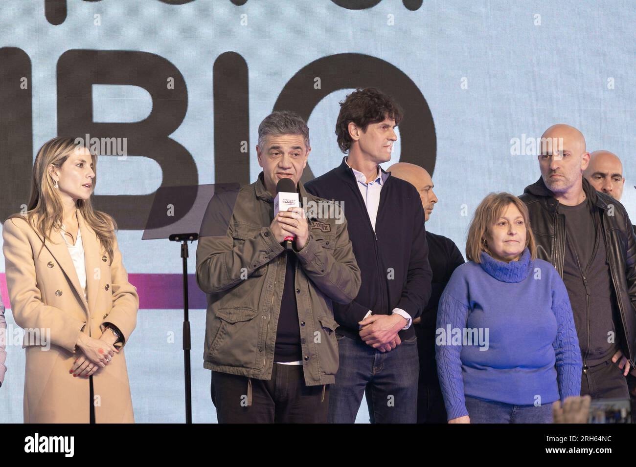 Nelle elezioni primarie, la candidata Patricia Bullrich ha sconfitto l'attuale capo del governo della città di Buenos Aires Horacio Rodriguez Larreta nelle elezioni interne dello spazio politico Juntos por el cambio (JXC). A Buenos Aires, Argentina, il 13 agosto 2023. Il biglietto presidenziale di questa coalizione politica Bullrich-Petri parteciperà alle elezioni generali che si terranno domenica 22 ottobre di quest'anno. Jorge Macri ha tenuto un discorso dopo aver vinto come precandidato a capo del governo della città di Buenos Aires. (Foto di Esteban Osorio/Sipa USA) Foto Stock