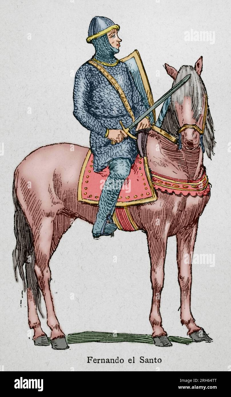 Ferdinando III di Castiglia (1199/1201-1252), chiamato il santo. Re di Castiglia (dal 1217), re di Leon an re di Galizia. Museo Militar, 1883. (Dal 1230) e re di Galizia (dal 1231). Incisione. Museo Militar, 1883. Colorazione successiva. Foto Stock