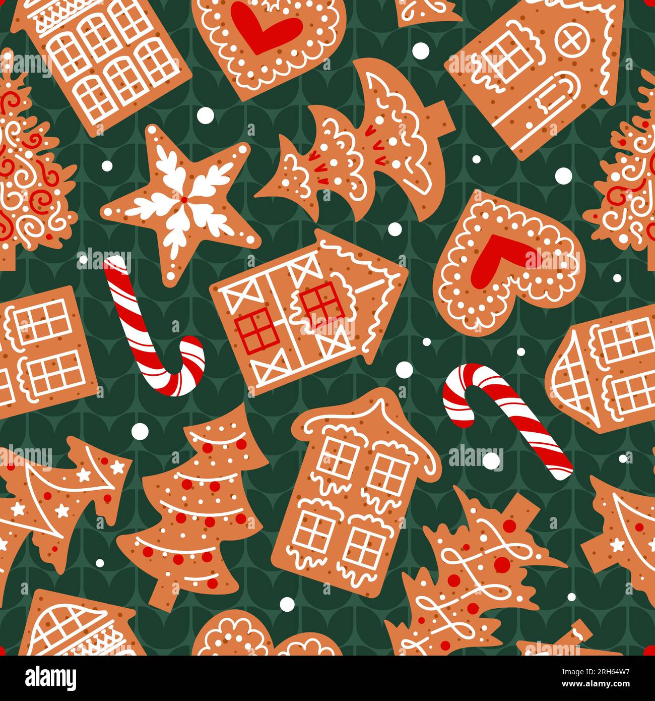 Pan di zenzero, decorato con glassa, giace su un maglione verde a maglia. Motivo natalizio senza cuciture. Biscotti tradizionali. Case, canna da zucchero, fiocchi di neve e. Illustrazione Vettoriale
