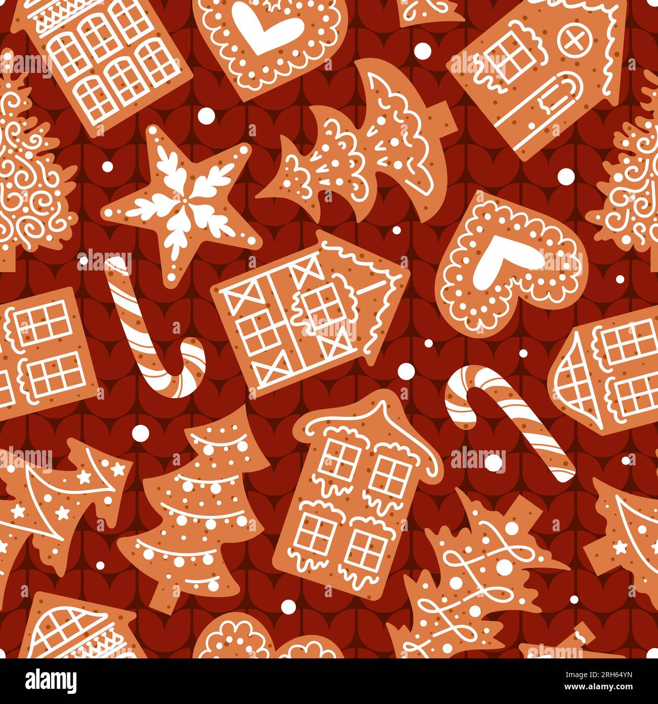 Pan di zenzero, decorato con glassa, giace su un maglione a maglia rossa. Motivo natalizio senza cuciture. Biscotti tradizionali. Case, canna da zucchero, fiocchi di neve e Illustrazione Vettoriale