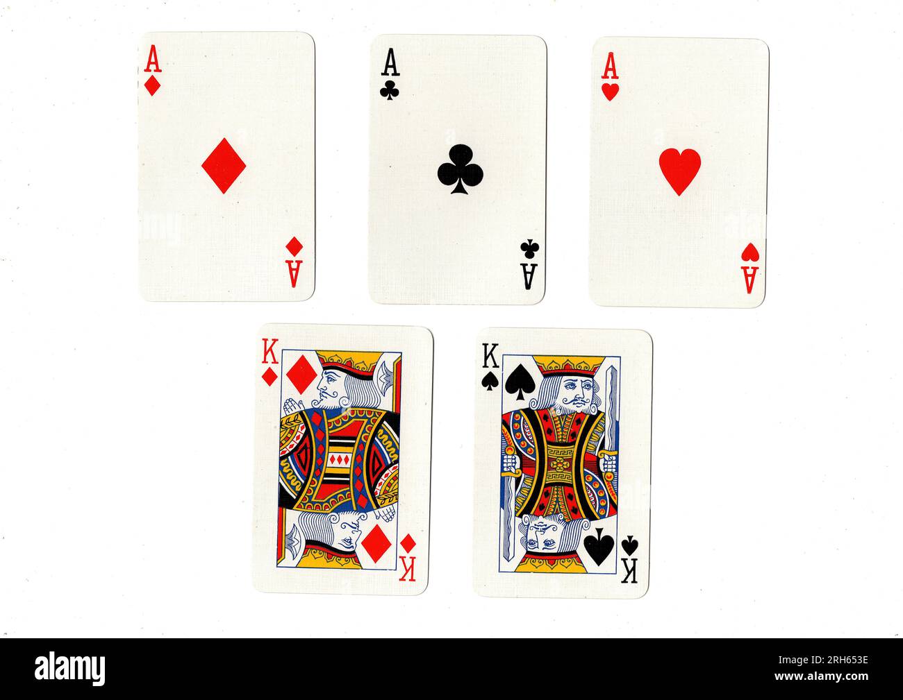 Una mano da poker di carte da gioco che mostra una casa piena di assi sui re. Foto Stock