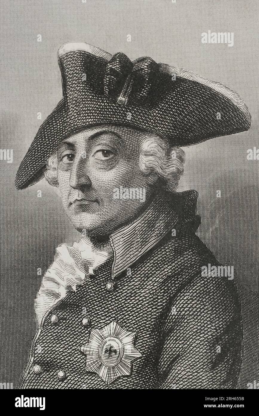 Federico II il grande (1712-1786). Re di Prussia. Ritratto. Incisione di Geoffroy. "Historia Universal", di Cesar Cantu. Volume VIII 1858. Foto Stock