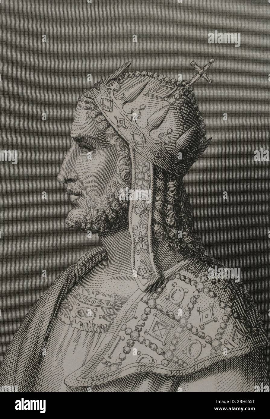 Giustiniano i il grande (482-565). Imperatore dell'Impero Romano d'Oriente. Ritratto. Incisione. "Historia Universal", di Cesar Cantu. Volume VIII 1858. Foto Stock