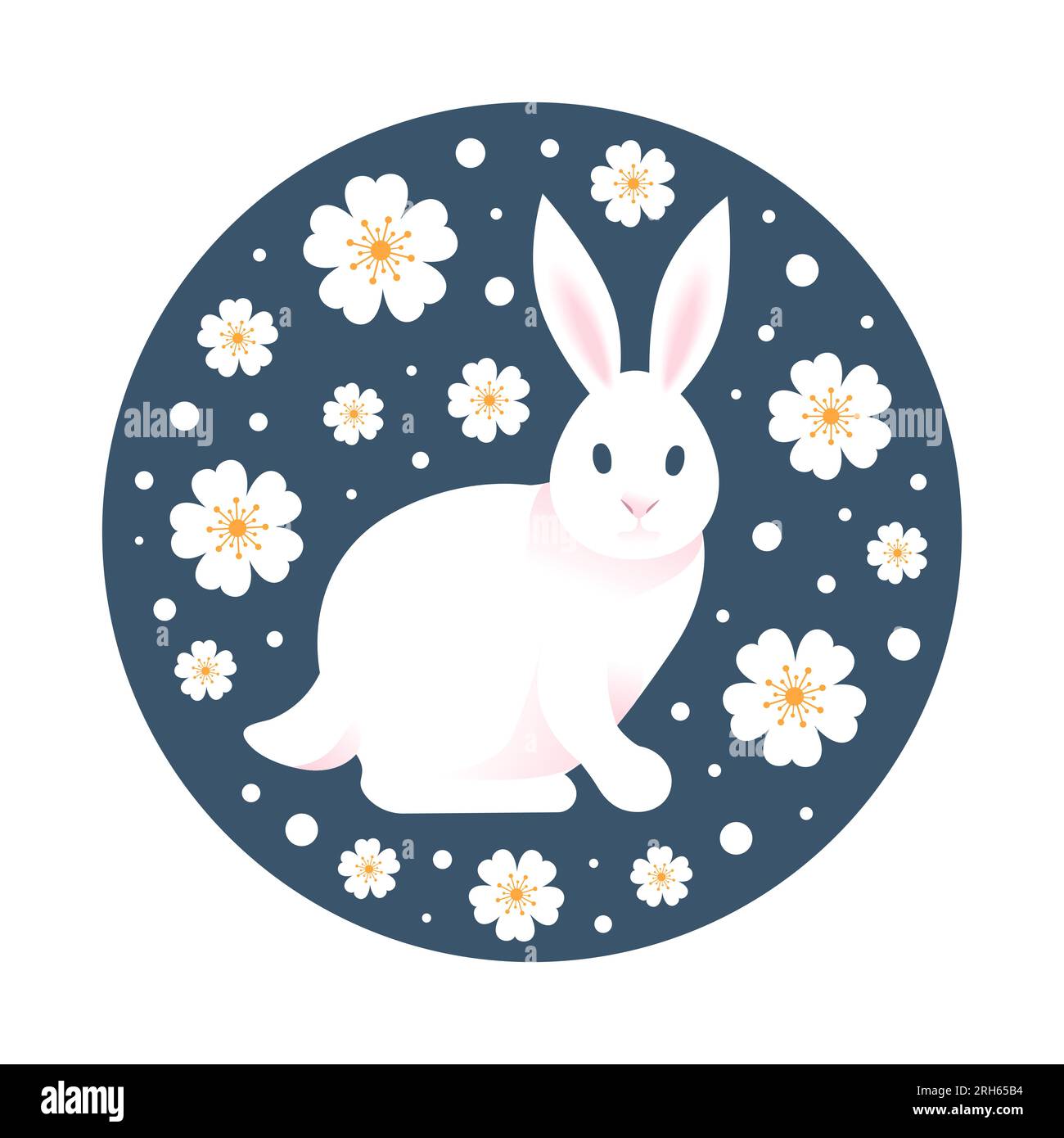 Conigli, fiori primaverili. Pasqua. Simbolo del Capodanno cinese 2023. Illustrazione vettoriale antimalistica brillante. Fiori Sakura asiatici. Per poster, cartolina Illustrazione Vettoriale