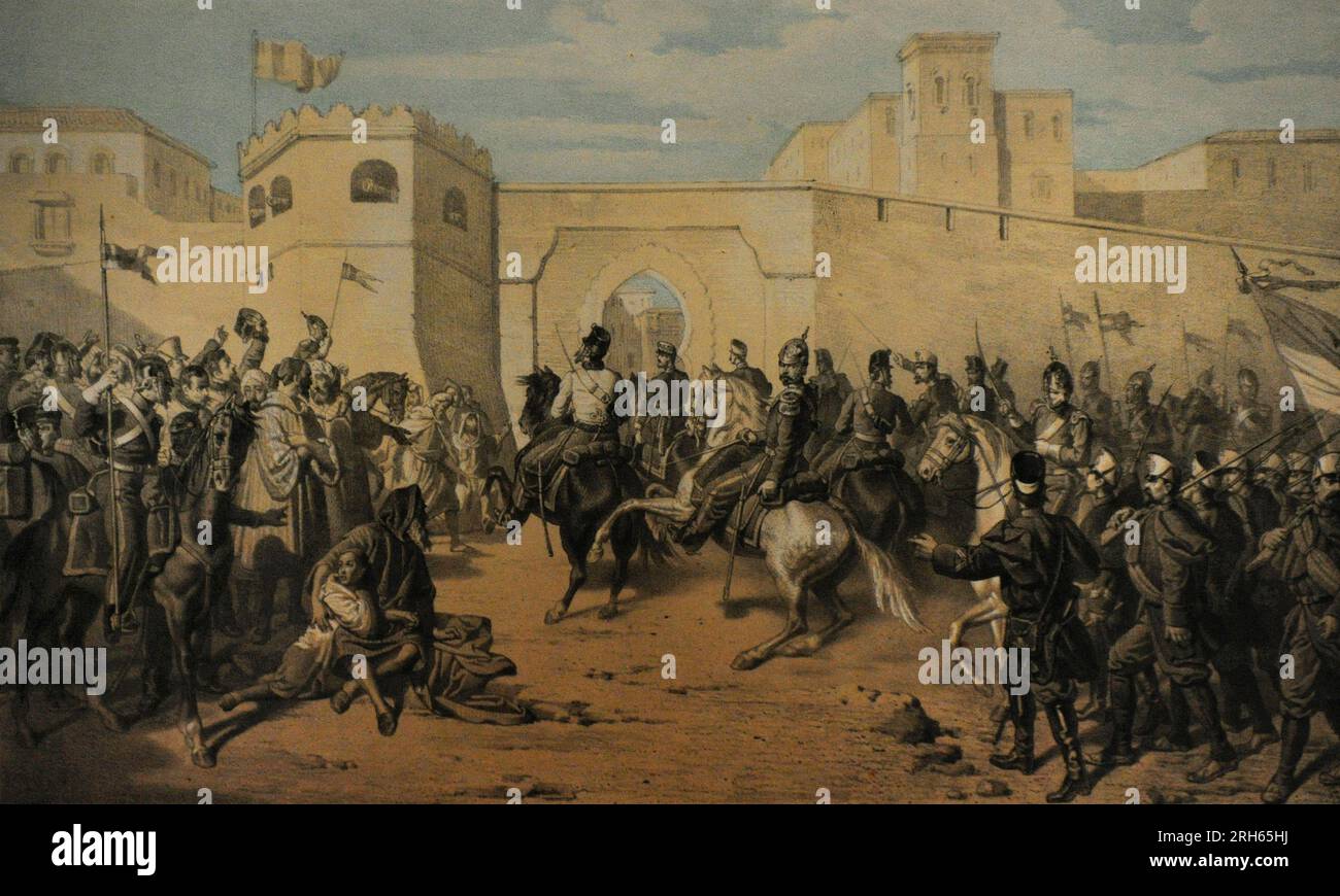 Guerra d'Africa (1859-1860). Conflitto tra Spagna e Marocco. Entrata delle truppe spagnole a Tetouan, 6 febbraio 1860. Visita la città di Tetouan con l'artiglieria e la fanteria spagnole. Litografia in tre colori di Bernardo Blanco y Perez (1828-1876). Timbro numero 13 degli episodi della guerra d'Africa. Museo del Romanticismo. Madrid, Spagna. Foto Stock