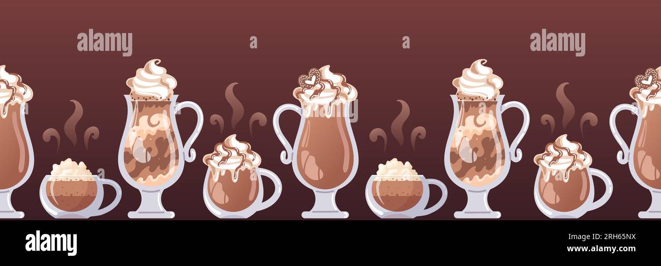 Bordo orizzontale con diversi tipi di caffè. Cappuccino, latte, bicchiere e moka. Cioccolata calda in un bicchiere, panna montata, stile realistico. Vettore Illustrazione Vettoriale