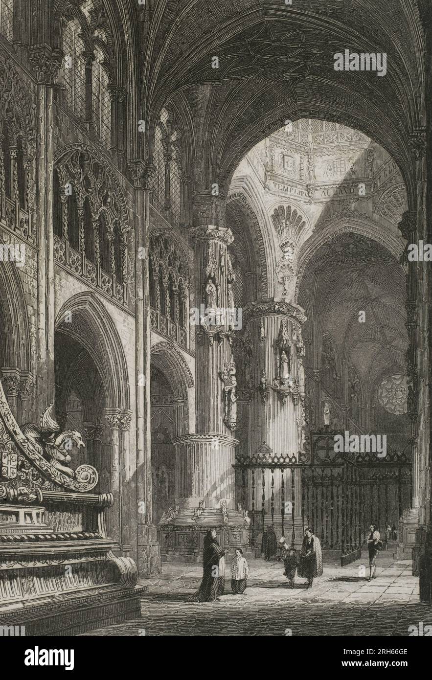 Spagna. Cattedrale di Burgos. Vista interna. Incisione di Antonio Roca. Las Glorias Nacionales, 1853. Foto Stock