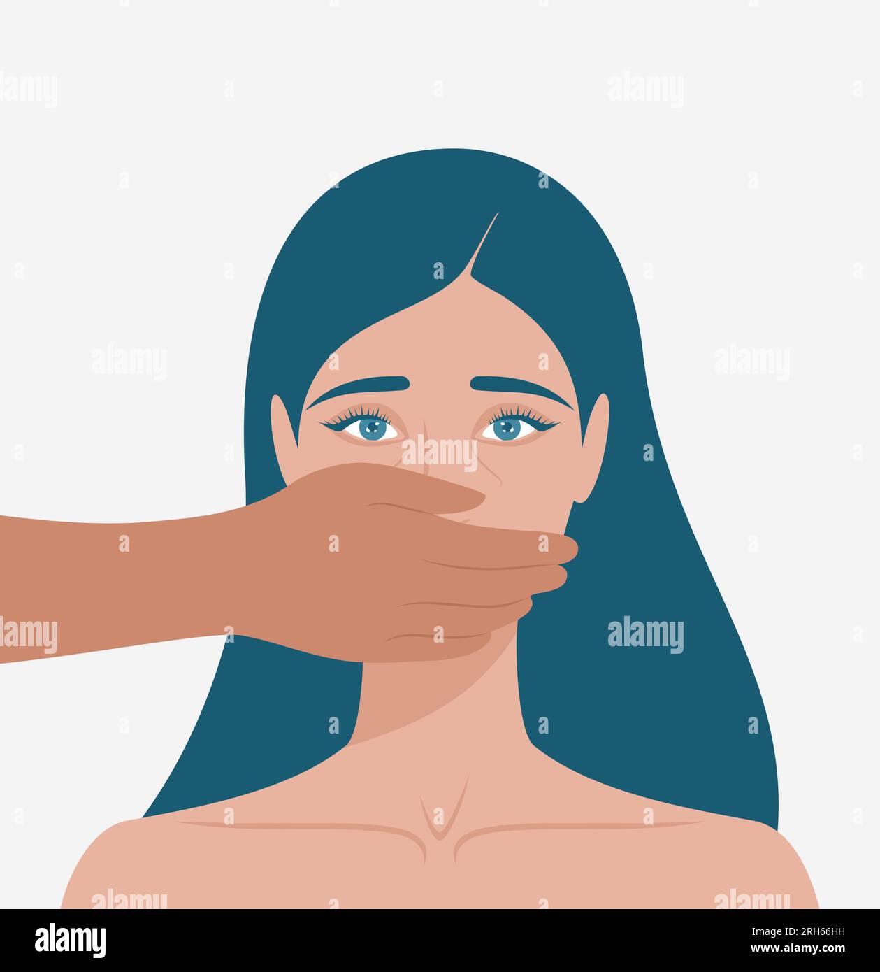Mano maschile che copre la bocca di una donna bianca spaventata. Illustrazione del vettore piatto Illustrazione Vettoriale