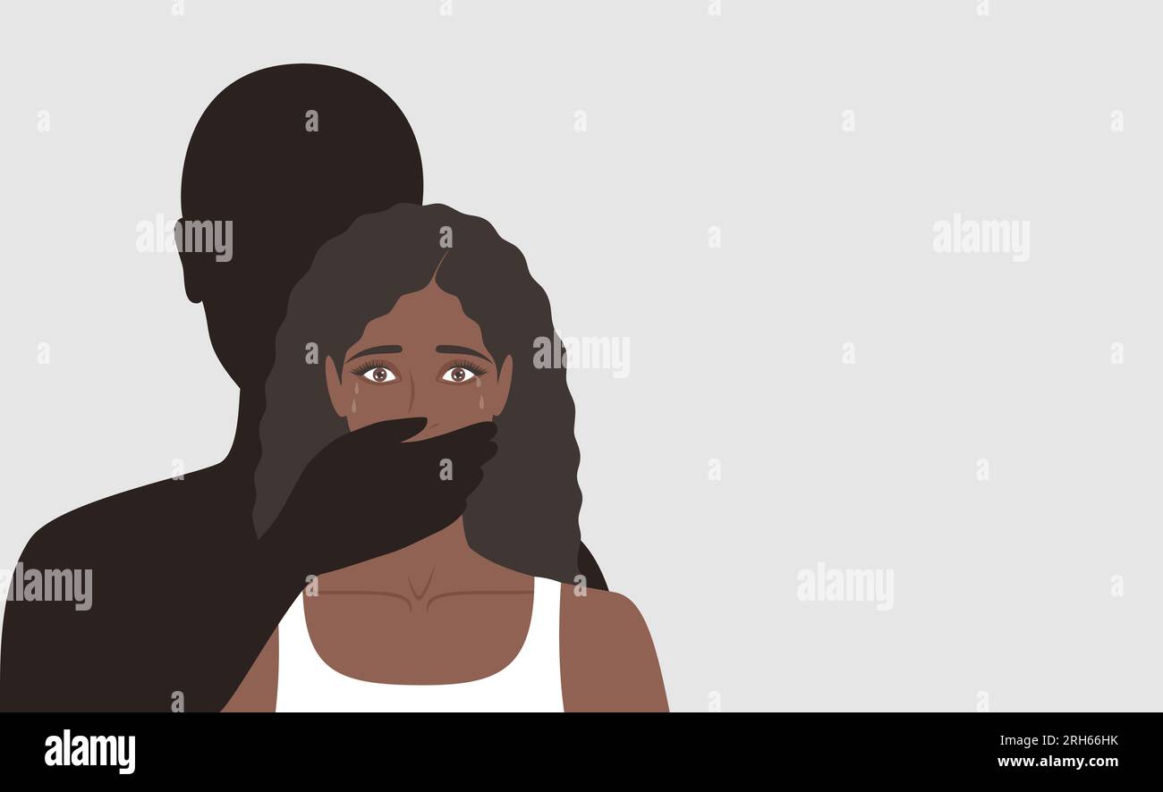 Silhouette maschile scura che copre con la mano la bocca di una donna nera spaventata che piange, spazio per copiare. Illustrazione del vettore piatto Illustrazione Vettoriale