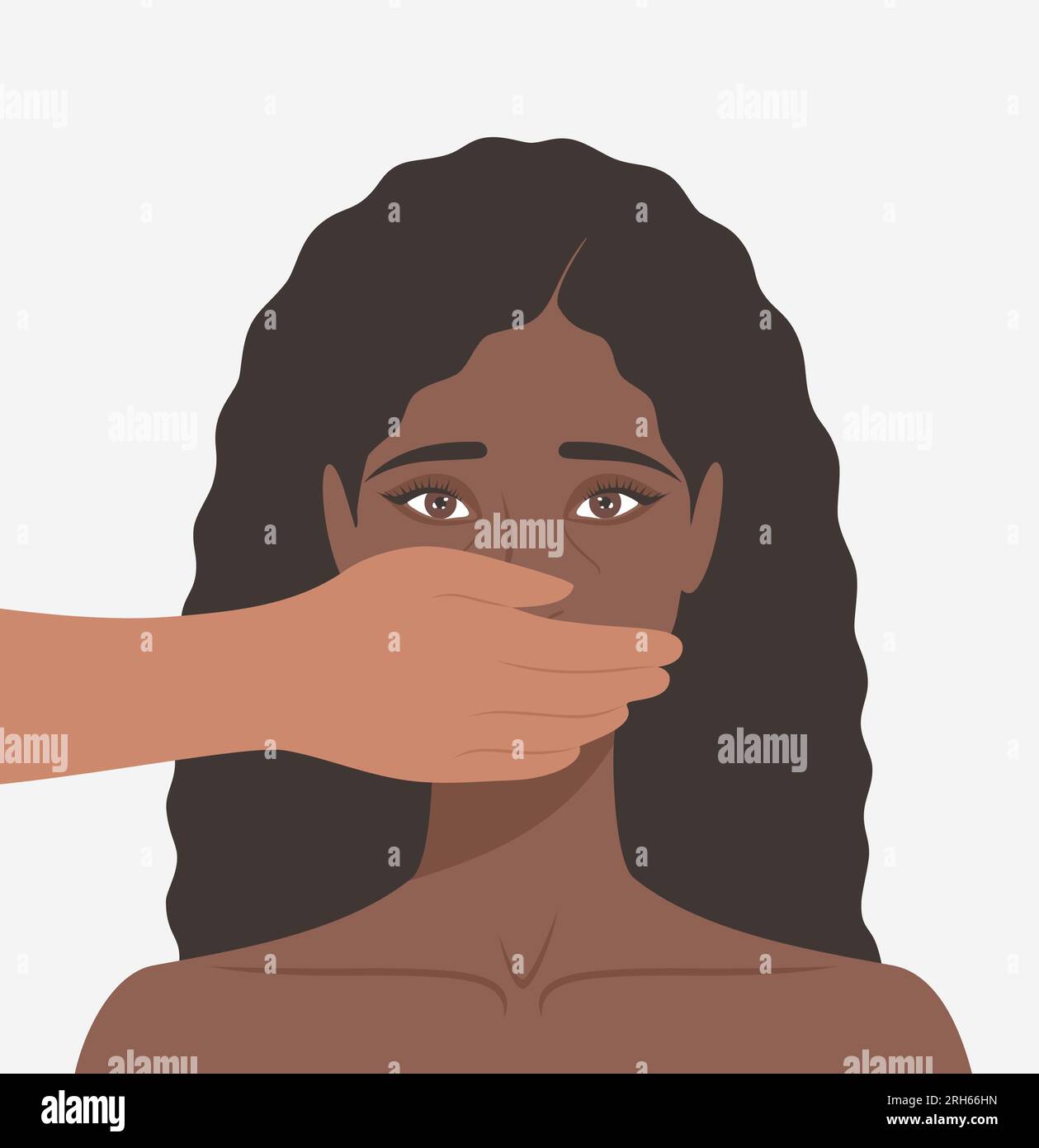 Mano maschile che copre la bocca di una donna nera spaventata. Illustrazione del vettore piatto Illustrazione Vettoriale