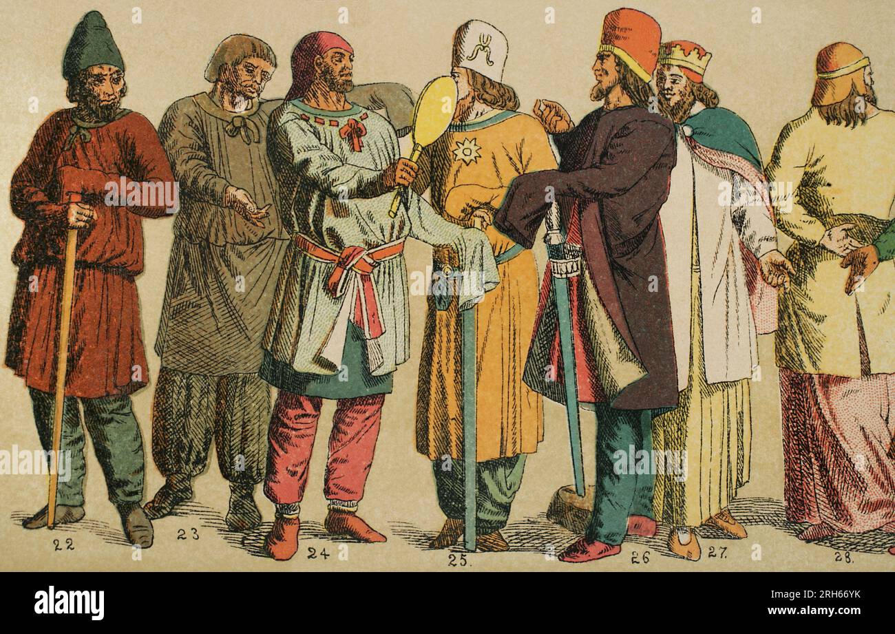 Vicino a est. Parthiani. Da sinistra a destra; 22-23: Parthiani di classe inferiore, 24-25: Parthiani di classe superiore, 27-28-29: Vestito regale parthiano. Chromolithography. 'Historia Universal' (Storia universale), di Cesar Cantu. Volume i, 1881. Foto Stock