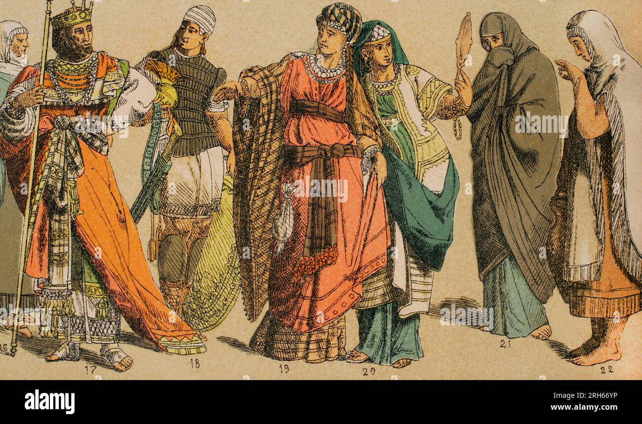 Ebrei. Da sinistra a destra; 17: Costumi ricchi al tempo di Davide e Salomone, 18: Costume guerriero, 19-20: Abiti da donna, 21: Donna ebraica in abiti da strada, 22: Costume misto Assiriano-ebraico. Chromolithography. 'Historia Universal' (Storia universale), di Cesar Cantu. Volume i, 1881. Foto Stock