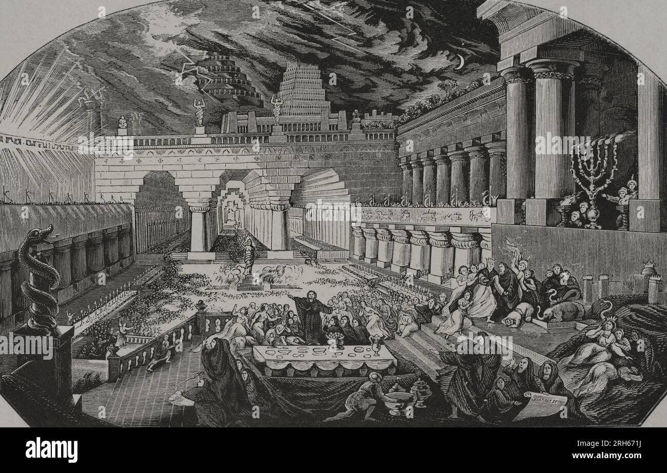 Vecchio Testamento. Libro di Daniel. Festa di Belshazzar. Incisione. Los Heroes y las Grandezas de la Tierra. Volume I. 1854. Foto Stock