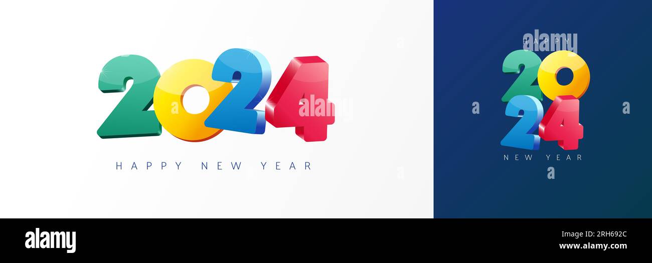 Design del logo tipografico colorato 3D Happy New Year 2024. Auguri di Natale con numeri 3d 2024. Illustrazione vettoriale Illustrazione Vettoriale