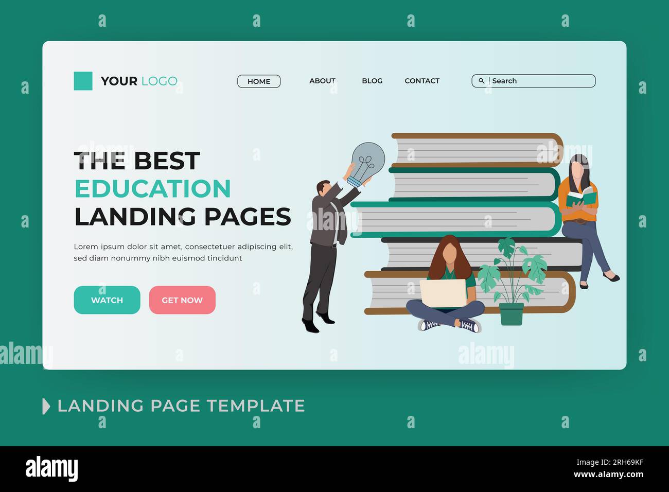 Modello di landing page vettoriale flat per l'istruzione online e persone che lavorano su computer e leggono libri e si trovano su una pila di libri. Vettore piatto Illustrazione Vettoriale