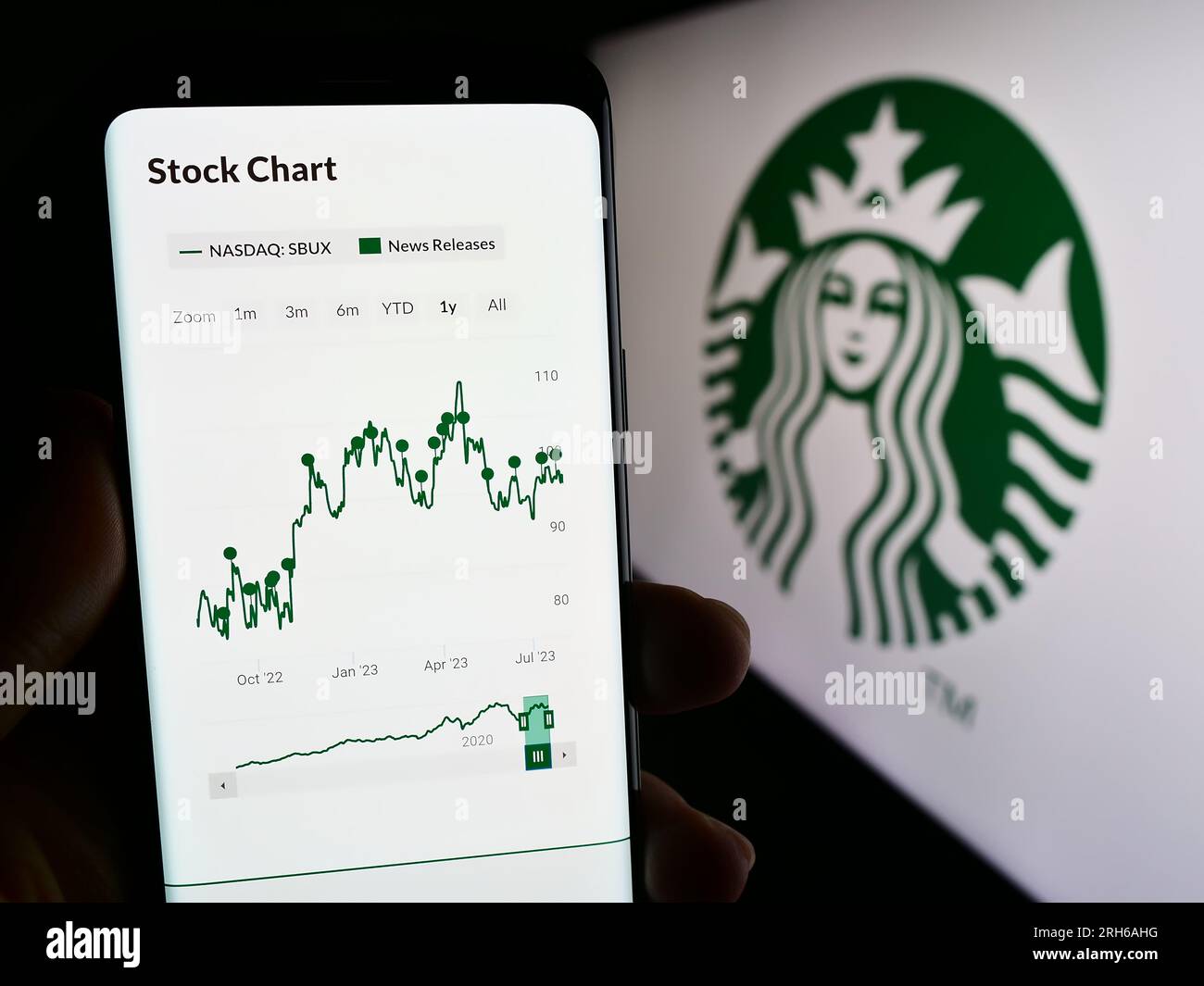 Persona che possiede uno smartphone con una pagina Web dell'azienda statunitense Starbucks Corporation sullo schermo con il logo. Concentrarsi sul centro del display del telefono. Foto Stock