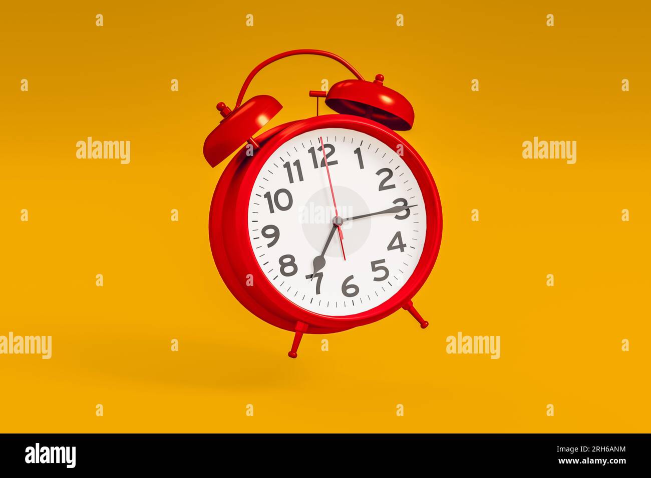Sveglia vintage rossa su sfondo arancione chiaro. non perdere i tempi di vendita. concetto di tempo, scadenza, tempo di lavoro, mattina. illustrazione 3d. Foto Stock