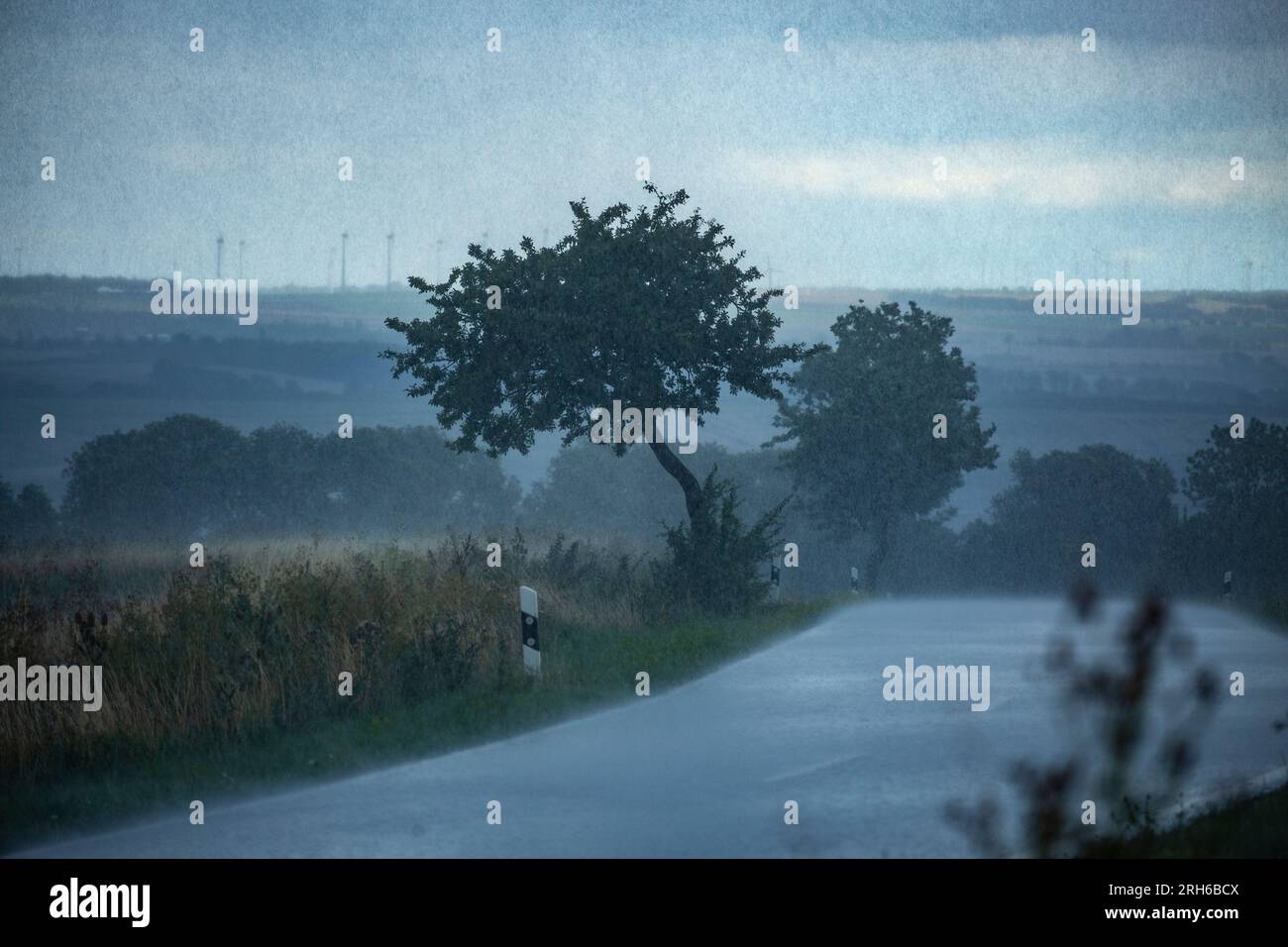 Eine Landstrasse bei starkem Regen. Foto Stock