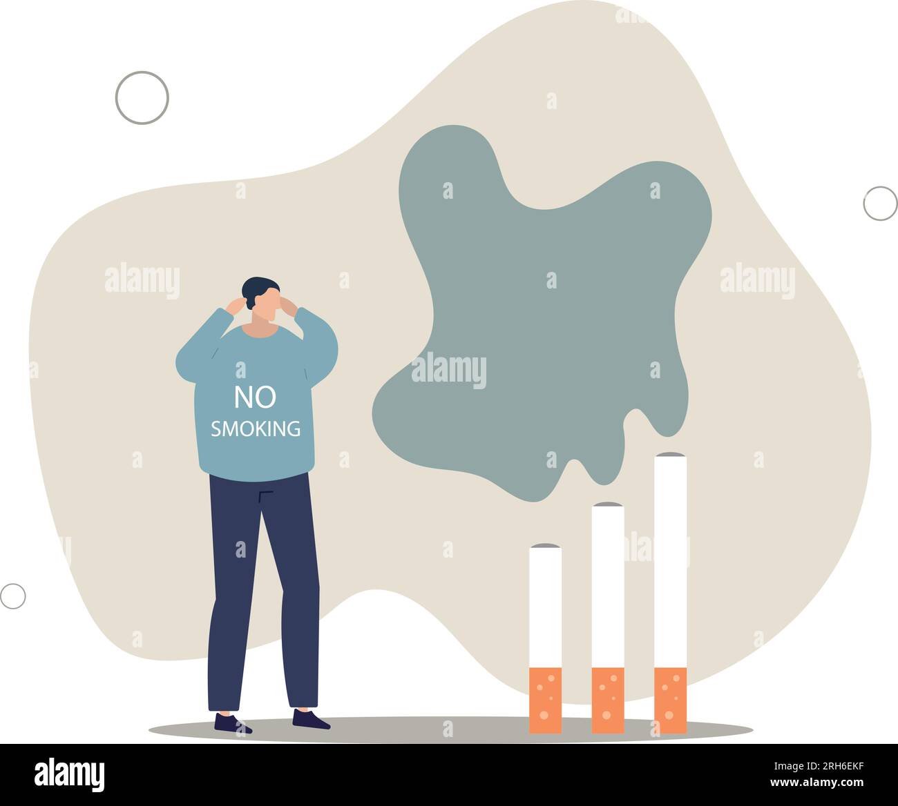 Giornata mondiale del tabacco. al personaggio non piace il fumo di sigaretta. la sostanza tossica avvelena l'aria.illustrazione vettoriale piatta. Illustrazione Vettoriale