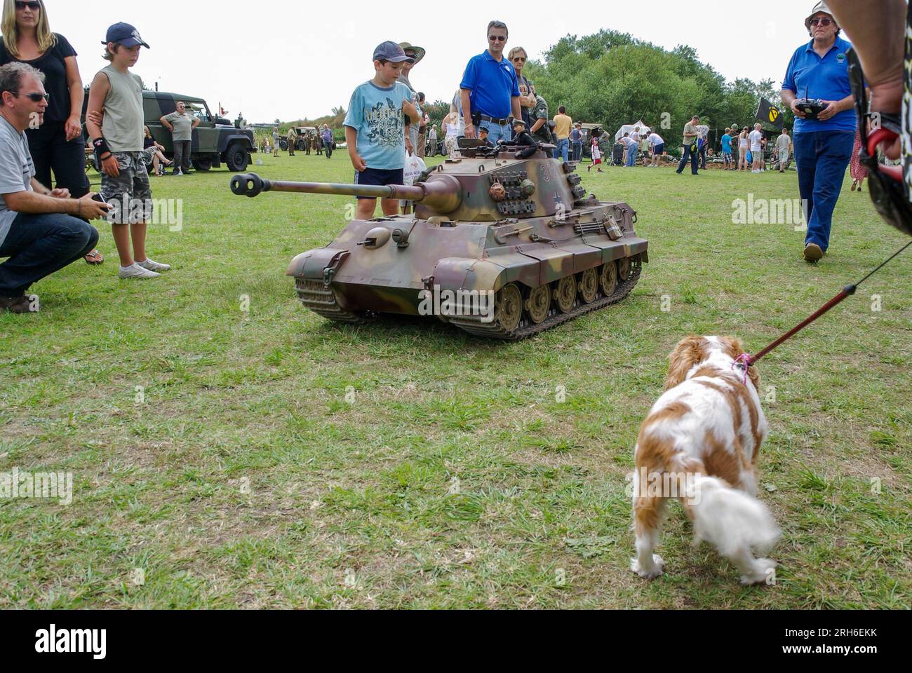 Carro armato della Panther Army tedesco, radiocomandato su larga scala, della seconda guerra mondiale in un evento militare esterno, con un cane e bambini per la bilancia Foto Stock