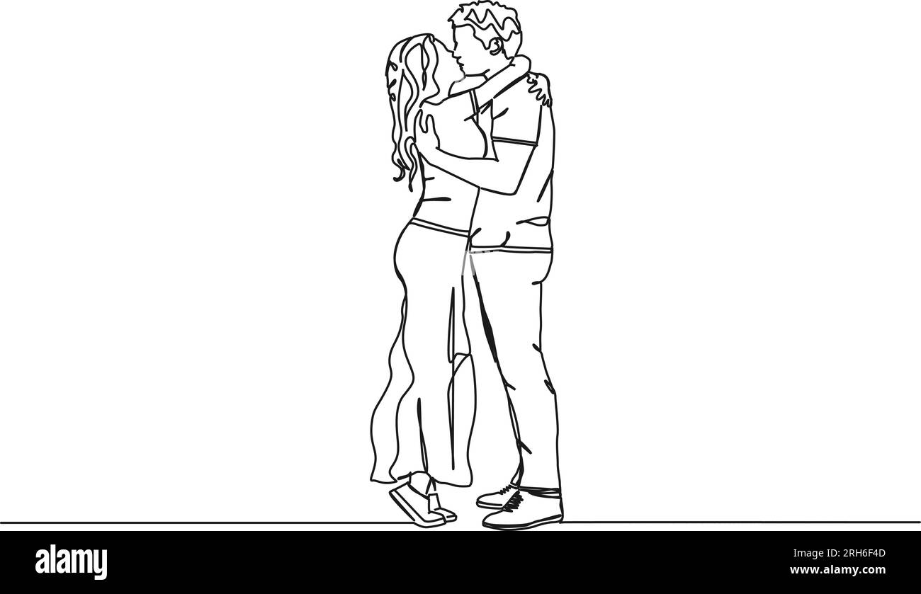 disegno continuo a linea singola di abbracci e baci di coppia, illustrazione vettoriale della line art Illustrazione Vettoriale