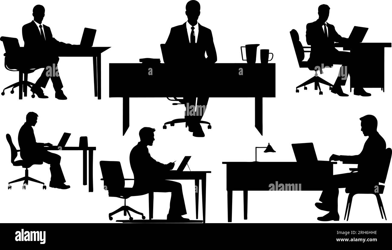 Collezione di diverse silhouette per uomini d'affari. Tifo entusiasta come fan, utilizzando l'interfaccia touch screen o presentando e accogliendo. Facile da modificare Illustrazione Vettoriale