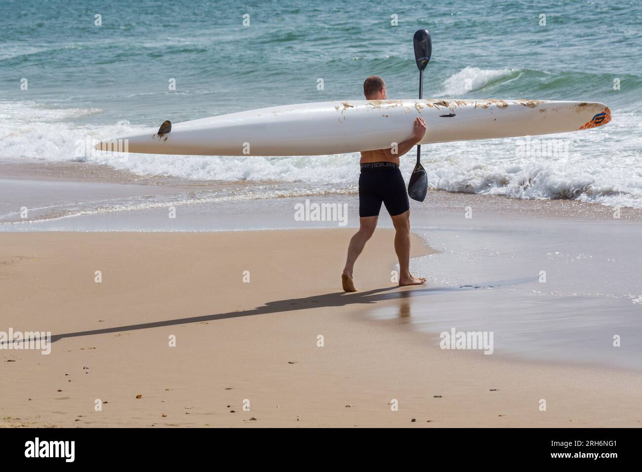 Uomo che trasporta surfski surf sci in mare per fare surf sci surfski surf alla spiaggia di Branksome Chine, Poole, Dorset, Regno Unito in agosto Foto Stock