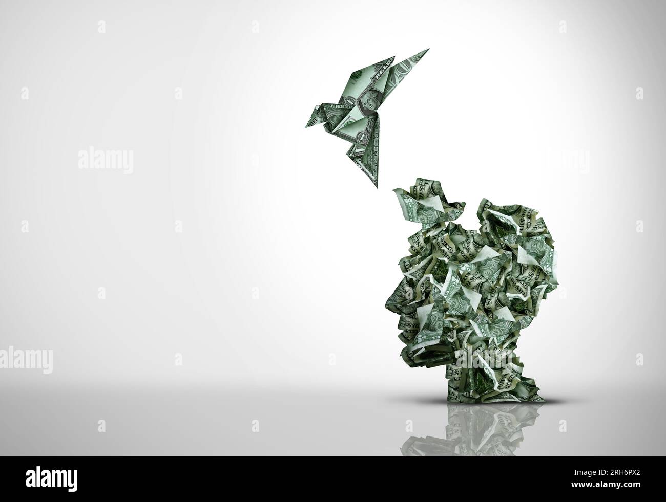 Concetto di consulenza finanziaria e Smart Money come valuta statunitense o contanti come idea di consulente aziendale con un origami che vola come profitto aziendale ed economico Foto Stock
