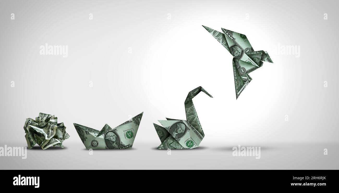 Il successo della crescita del denaro e lo Smart Investing come valuta statunitense o il contante come sviluppo finanziario come valuta americana modellata come oggetti origami Foto Stock