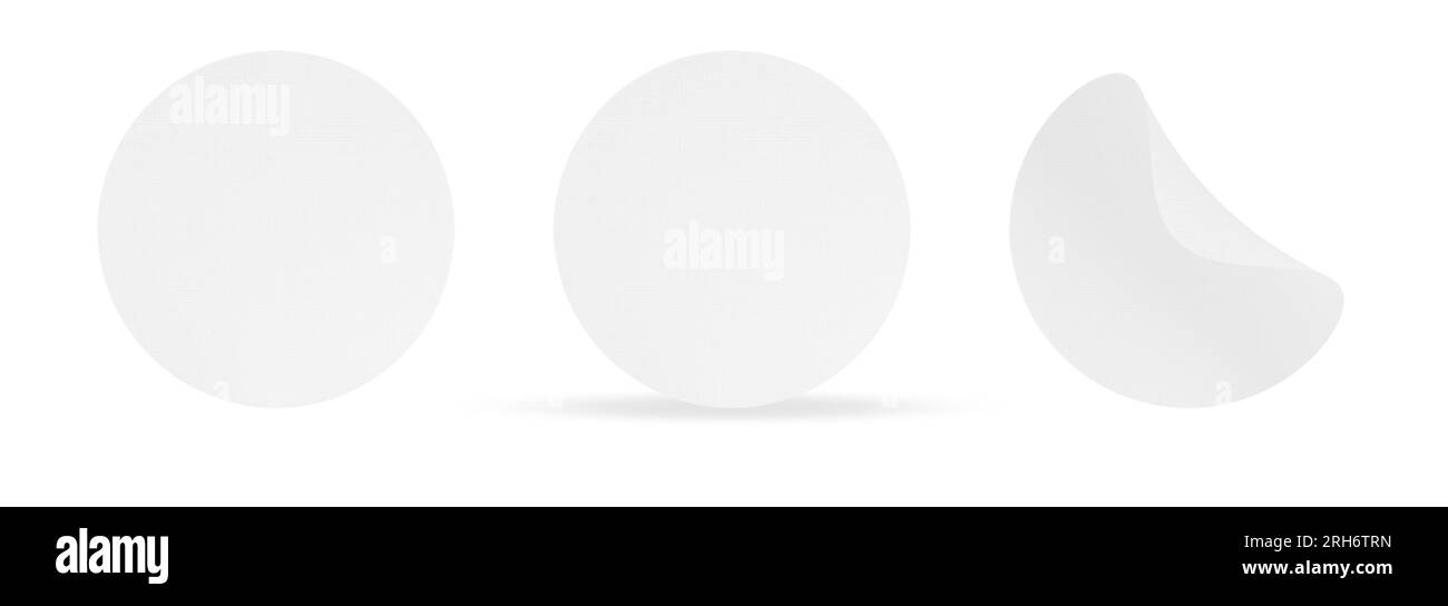 Adesivi in carta testurizzata. Etichette adesive rotonde bianche. Etichette vuote modelli di etichette dei prezzi. Cerchi di carta mockup vuoti Foto Stock