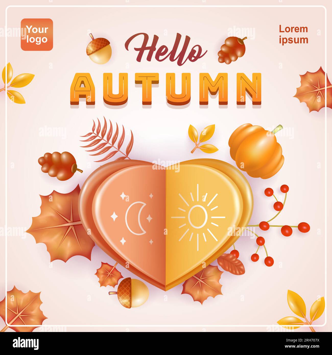 Ciao Autumn. Saluto in carta piegata a forma di cuore con immagini del giorno e della notte, con elementi di foglie autunnali, zucche e grani Illustrazione Vettoriale