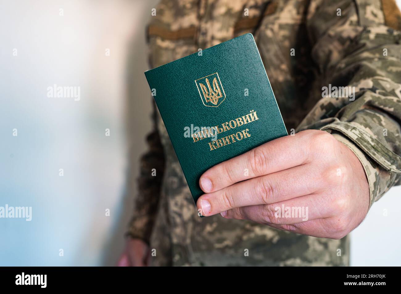Il soldato mimetico tiene il documento di identificazione militare nella mano sinistra. Uniforme pixel Ucraina Foto Stock