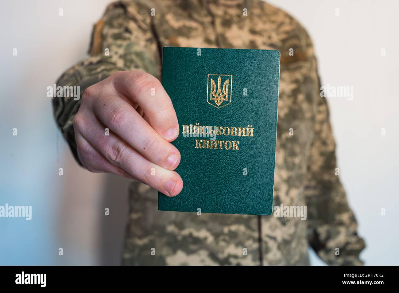 Soldato mimetico tiene il documento d'identità militare verde nella mano destra. Pixel ucraino Foto Stock