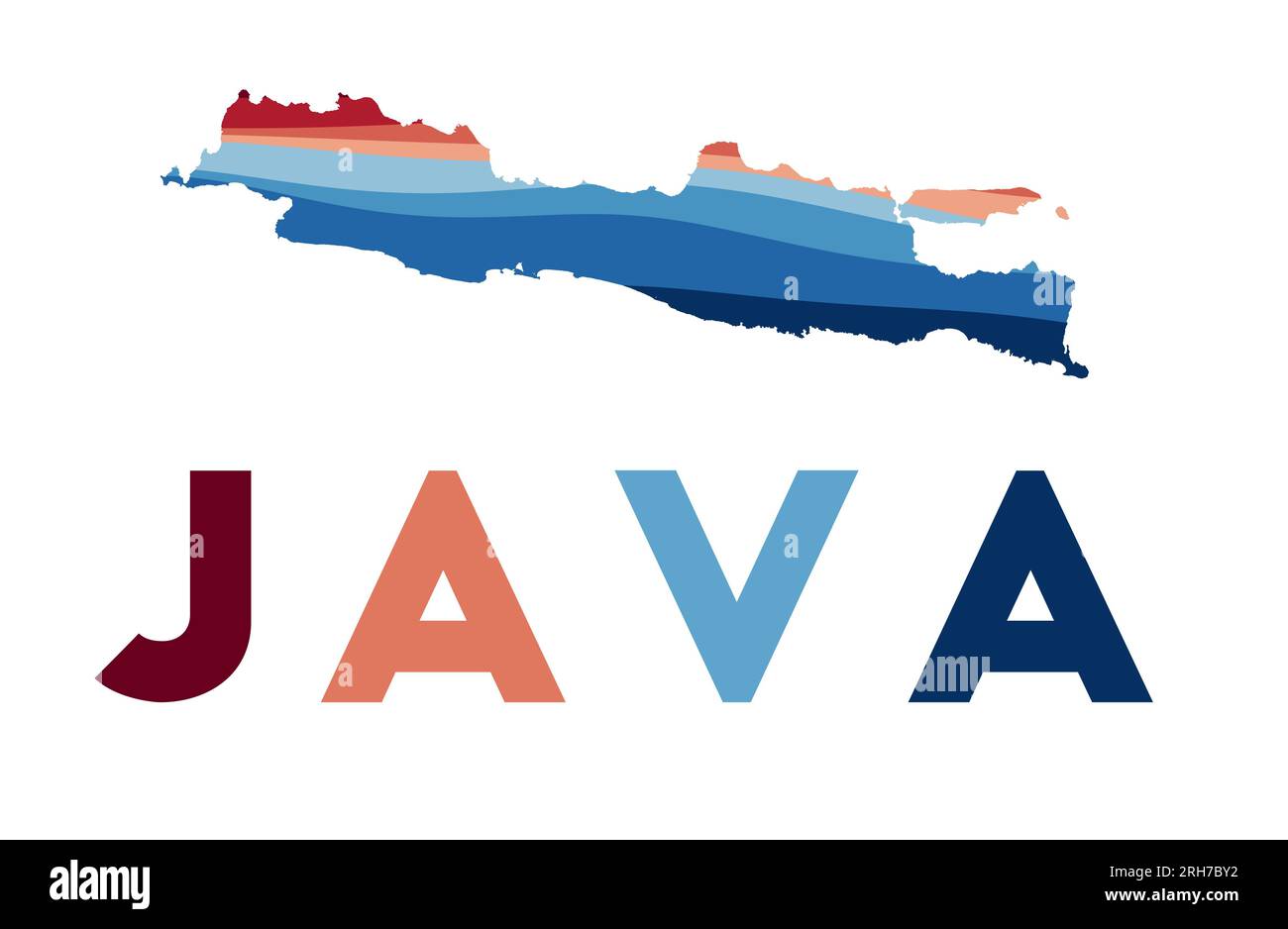 Mappa Java. Mappa dell'isola con bellissime onde geometriche in rosso e blu. Forma Java brillante. Illustrazione vettoriale. Illustrazione Vettoriale