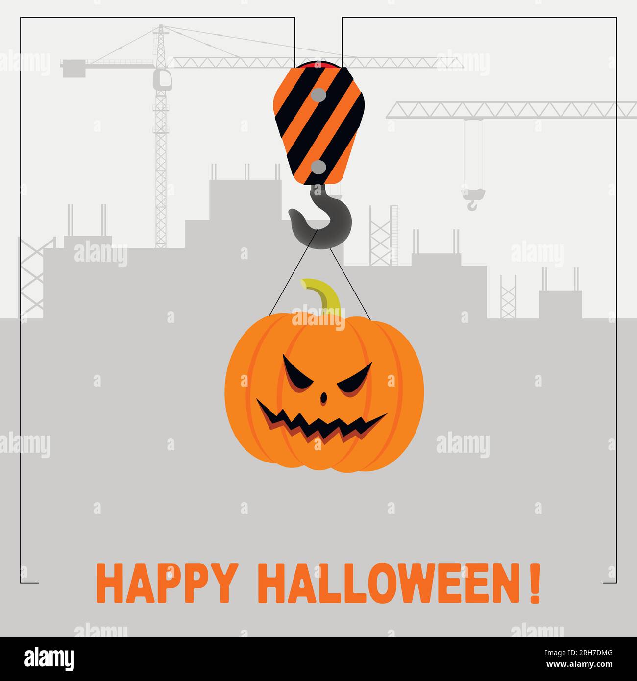 Biglietto d'auguri di Halloween. Una gru solleva una zucca festosa. Illustrazione Vettoriale