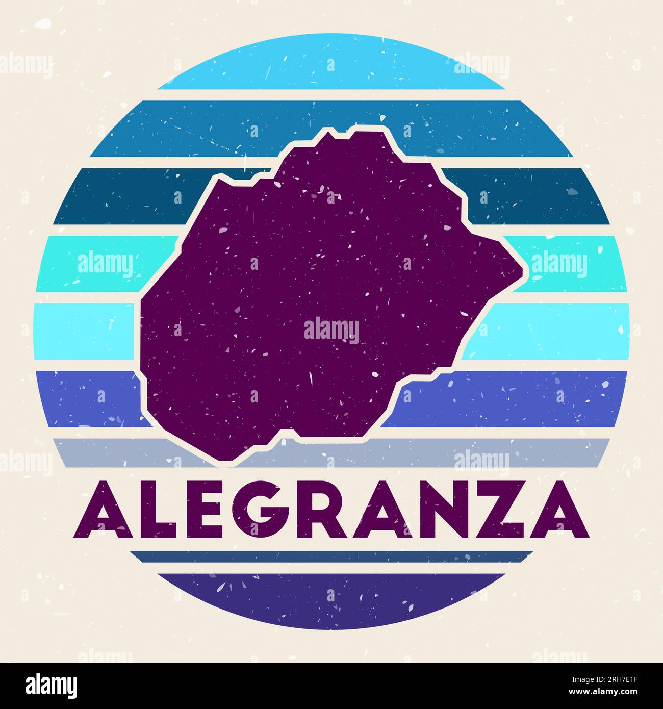 Logo Alegranza. Firma con la mappa dell'isola e le strisce colorate, illustrazione vettoriale. Illustrazione Vettoriale