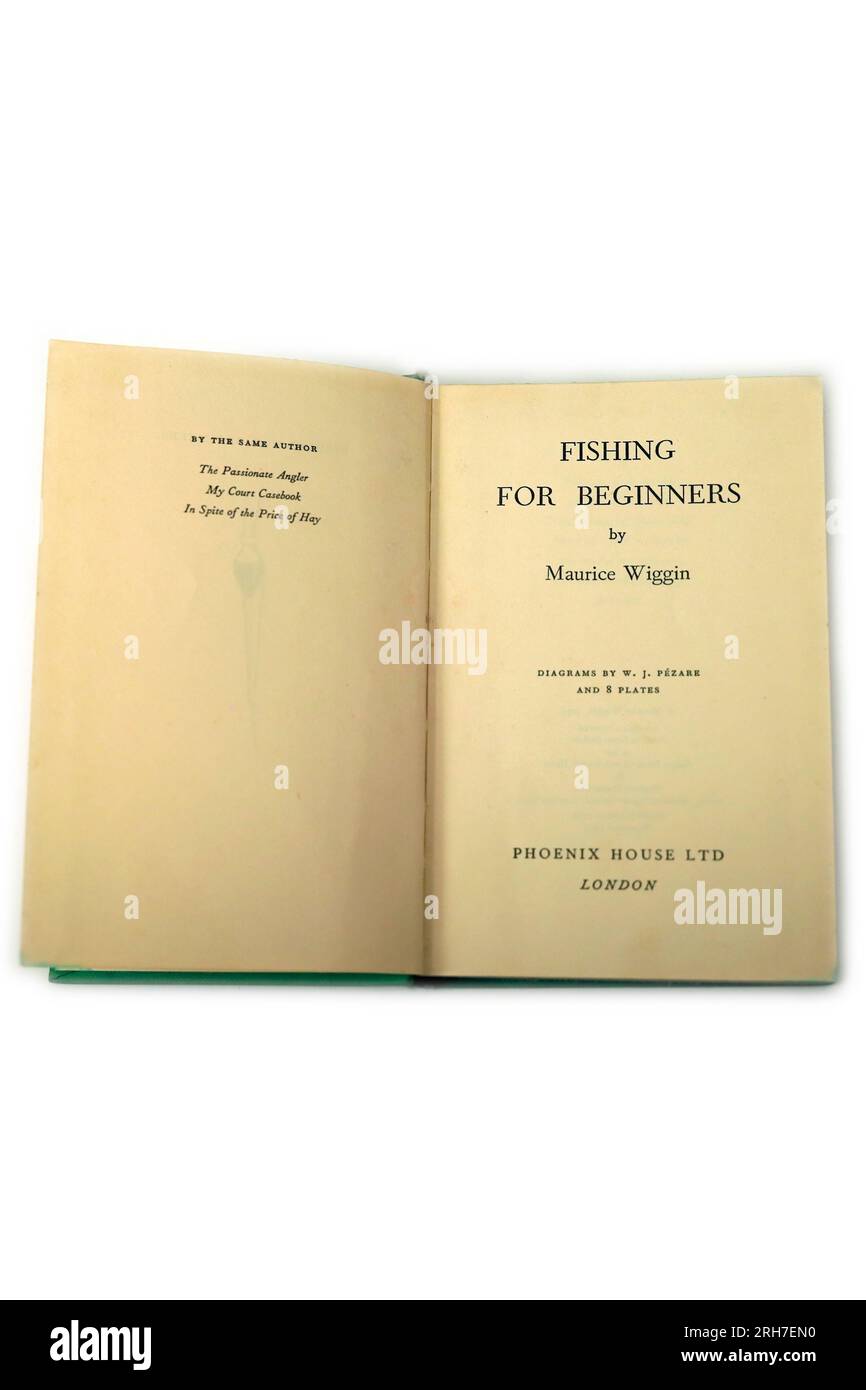 Pesca per principianti di Maurice Wiggin. Pagina del titolo del libro. Studio configurato con sfondo bianco Foto Stock
