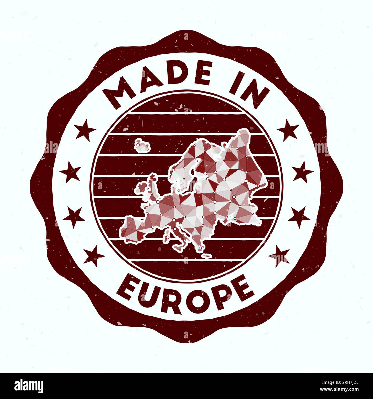 Fabbricato in Europa. Francobollo rotondo continente. Sigillo d'Europa con forma di confine. Badge vintage con testo circolare e stelle. Illustrazione vettoriale. Illustrazione Vettoriale