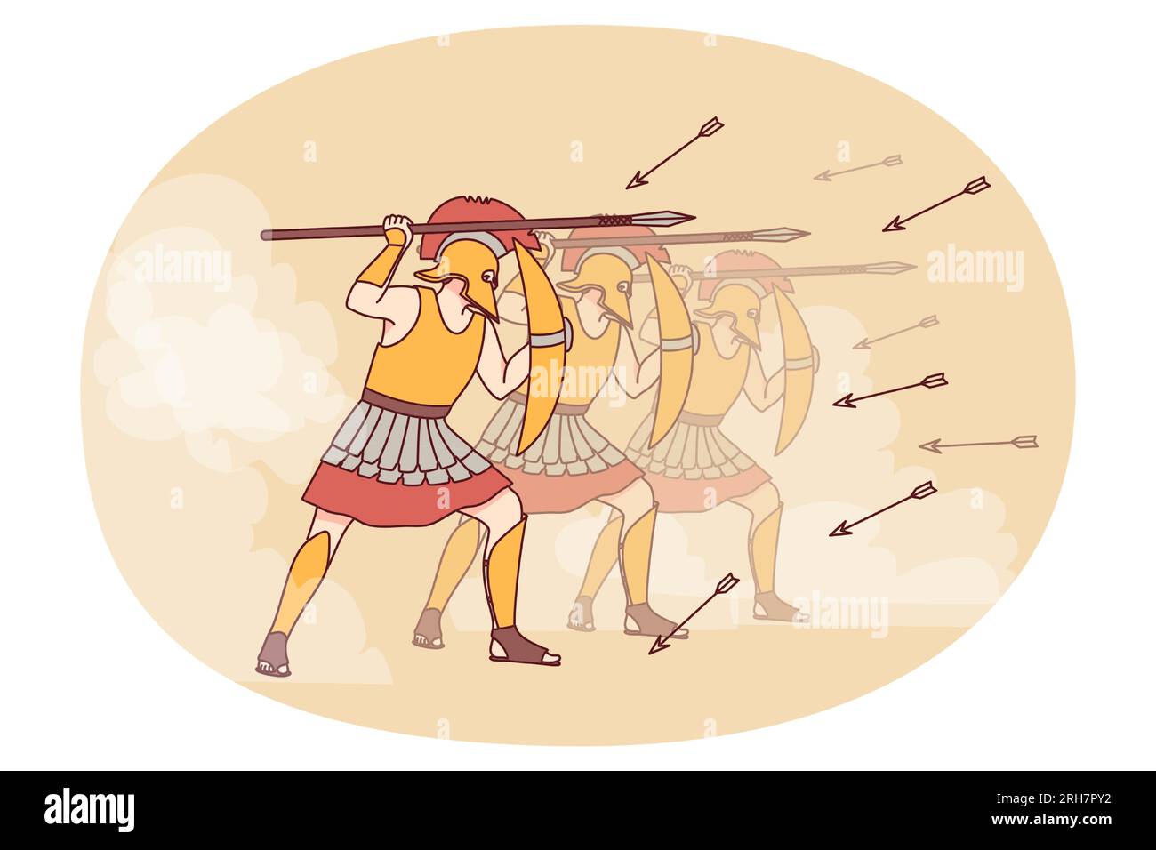 Spartani in armatura con scudi e lance vanno in attacco. Una squadra di guerrieri in abiti protettivi si aggrappano insieme. Guerra e antichità. Illustrazione vettoriale. Illustrazione Vettoriale