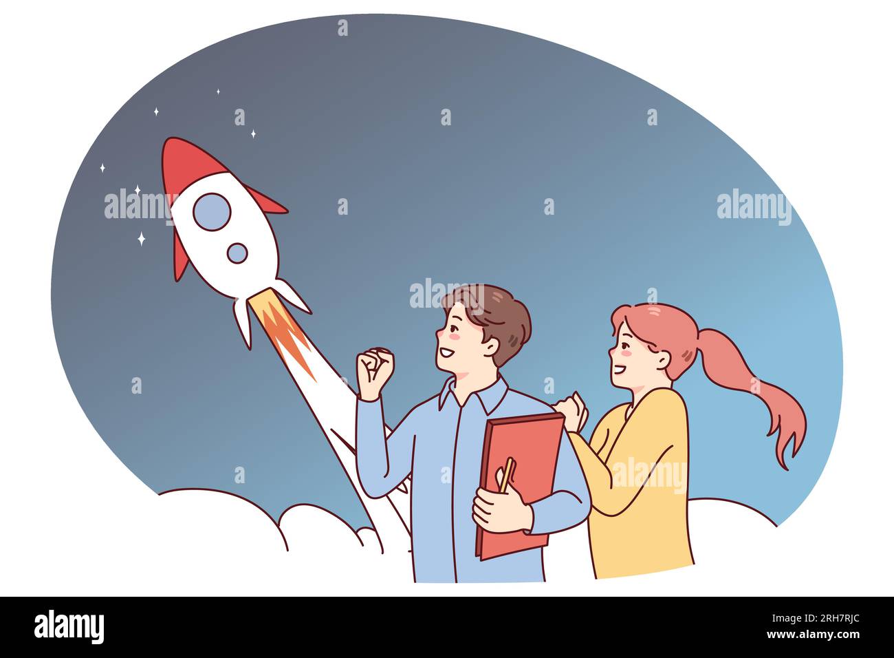 La gente è entusiasta del razzo che vola in cielo. Gli uomini d'affari celebrano il lancio condiviso delle startup aziendali. Innovazione e avvio del progetto. Illustrazione vettoriale. Illustrazione Vettoriale