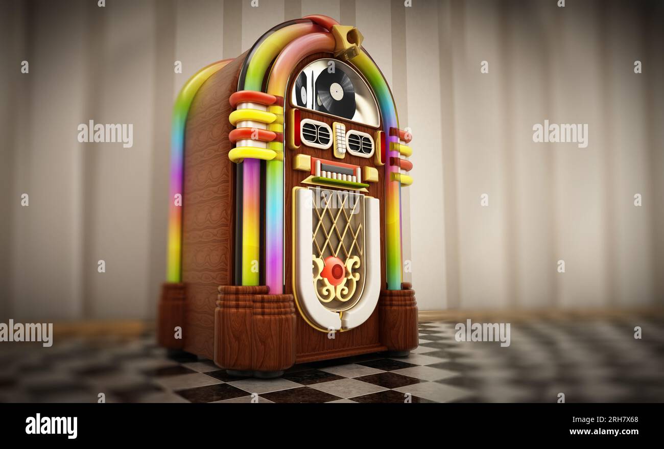 Jukebox in piedi sul suolo dama accanto alla parete. 3D'illustrazione. Foto Stock